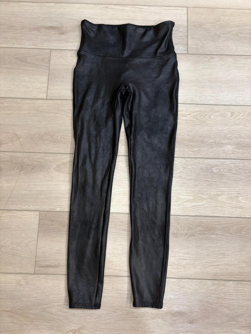 Spanx Faux Leather Leggings Size Medium Black Mid Rise Stretch Biker Punk